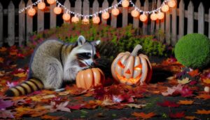 curious raccoons and pumpkins