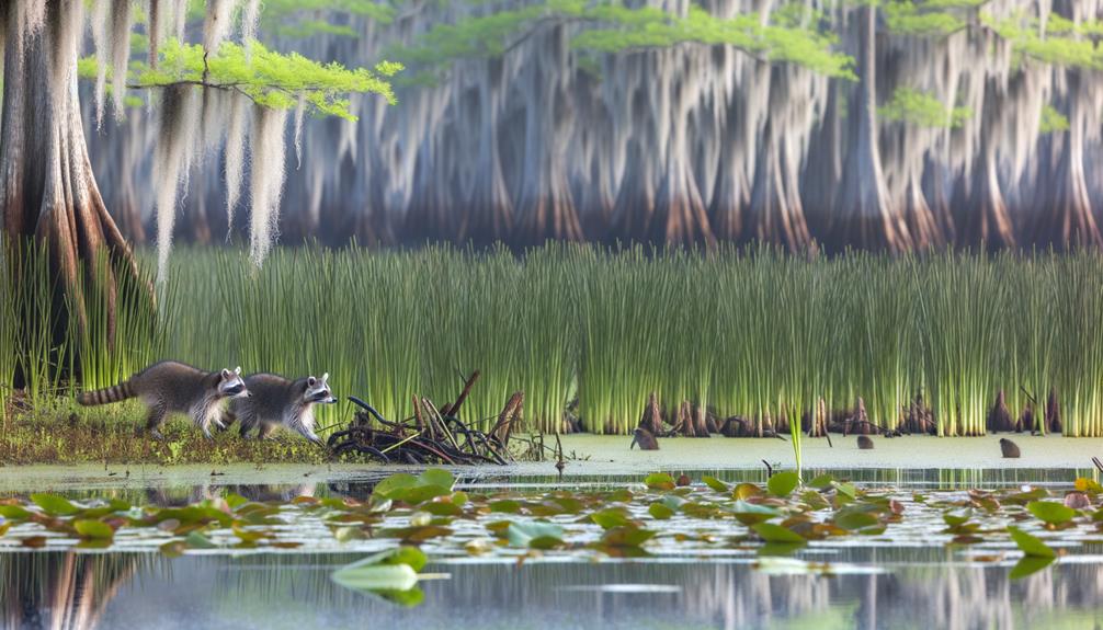 wetland dwelling raccoons forage